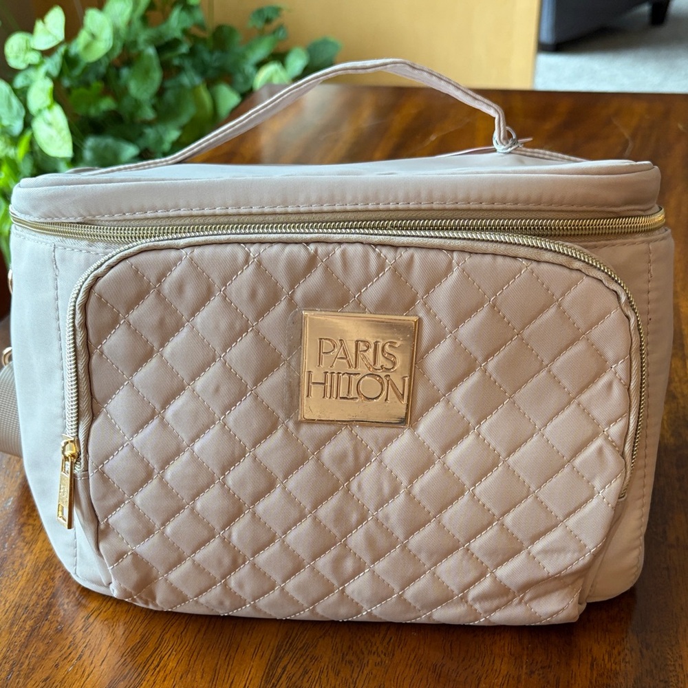 Paris Hilton Quilted Cosmetic Case in Light Beige with Gold Hardware